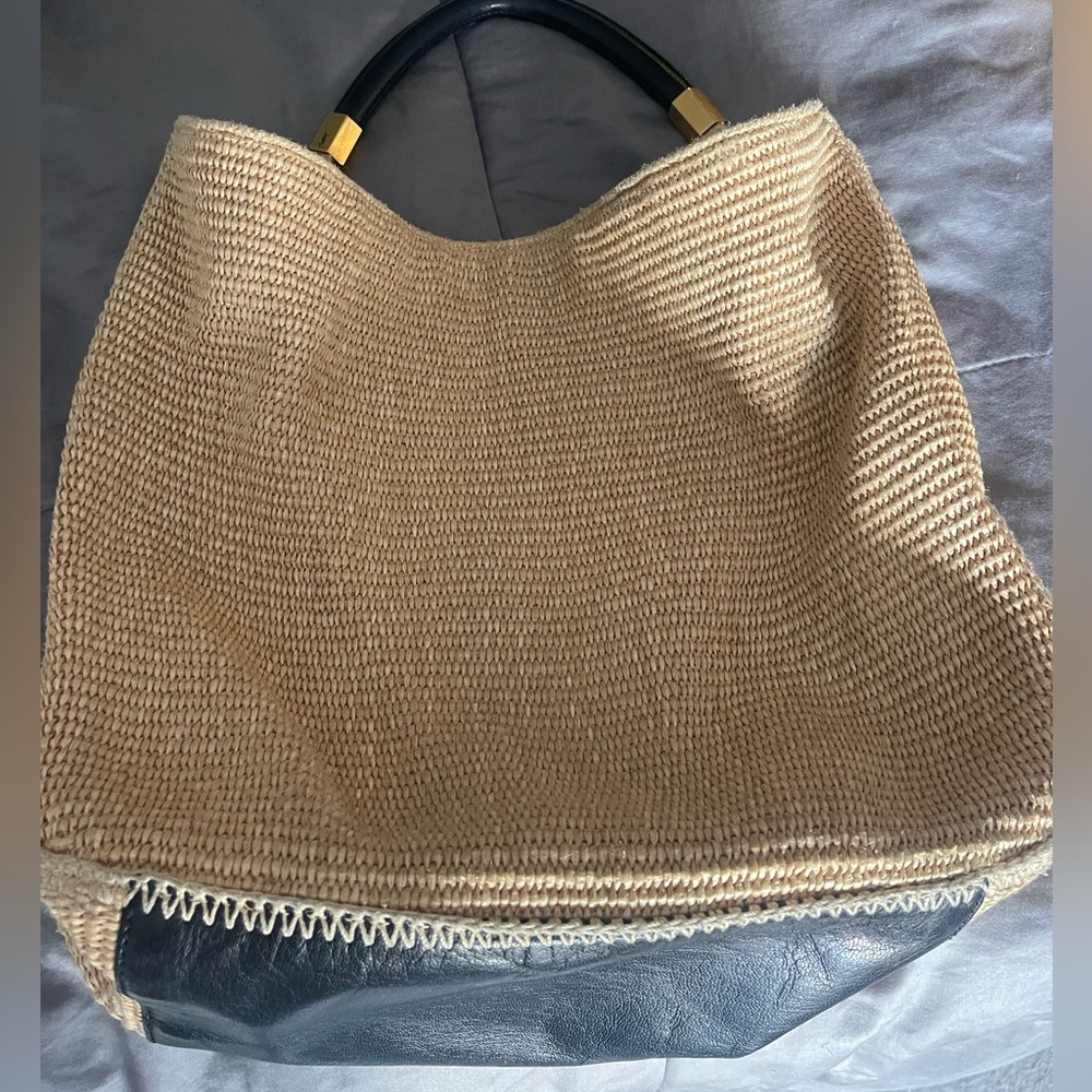 YSL Yves Saint Laurent Raffia Leather trim Hobo tote bag
